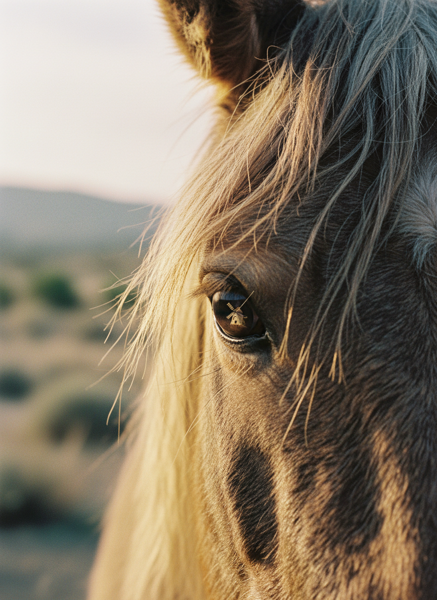 A close-up of a horse’s expressive eye framed by a slightly disheveled forelock, reflecting a tiny, distorted windmill and a distant, tilting lance in its glossy surface, hinting at Don Quixote’s misadventures. The horse’s coat is rough and sun-worn, with fine details of individual hairs emphasized by soft side lighting. The background falls into creamy analog-film bokeh, a muted landscape of pale hills and scrub brush. Captured in intimate, photographic realism from a tight, off-center composition, the mood is playful yet introspective, as if the horse is silently narrating a poem about the absurdity and tenderness of the road.