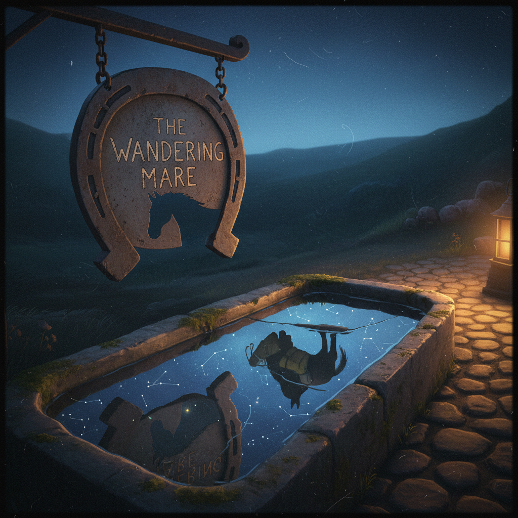 A crooked roadside inn sign shaped like a horseshoe creaks gently on rusted chains above a rough stone trough filled with clear water. Reflected in the trough’s surface are fragmented images of a starry night sky and a leaning, overburdened horse silhouette, suggesting wandering nights and poetic musings. Dim lantern light from the unseen inn door spills warm amber onto cobblestones, contrasting with the deep blue twilight beyond. Shot at a low angle with analog-film grain and subtle lens vignetting, the composition balances the sign on one side and the glowing water on the other, creating a whimsical, storybook mood perfect for a category or feature image.