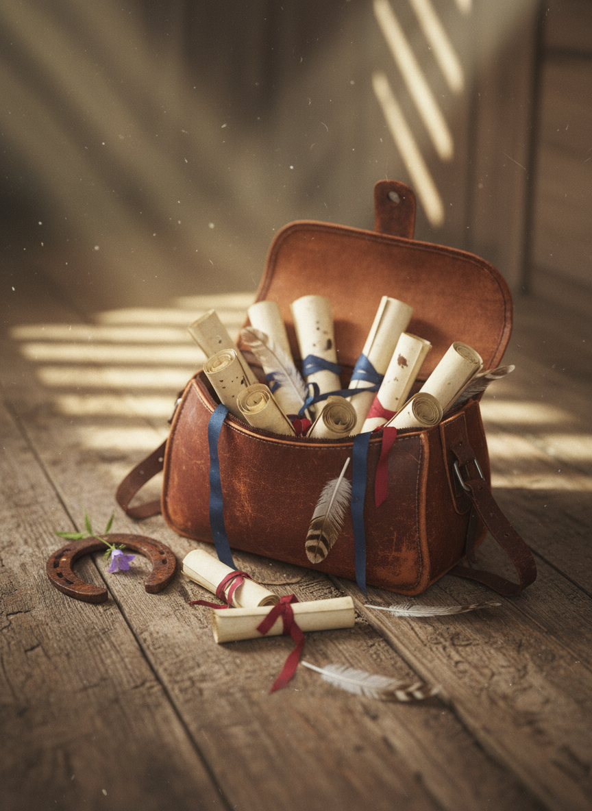 An old, scuffed leather saddlebag lies open on a weathered wooden stable floor, overflowing with rolled parchment pages, quill feathers, and ink-stained ribbons, as if the horse has been secretly collecting poems. A cracked horseshoe and a single wildflower rest nearby, adding hints of character and mischief. Soft morning light seeps through unseen stable slats, creating narrow beams that highlight specks of dust and gentle textures in the wood. The composition uses rule-of-thirds framing from a slightly elevated angle, with shallow depth of field and gentle analog-film grain, evoking a cozy, playful atmosphere like a poet’s desk translated into a horse’s world.