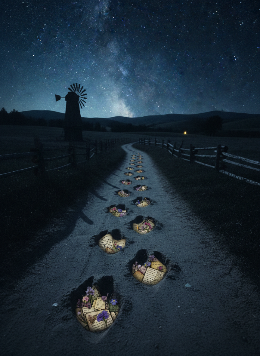 A trail of irregular hoofprints winds across a moonlit dirt road, each print filled with scattered scraps of handwritten verses, fragments of maps, and tiny pressed flowers, as though the poems are literally stamped into the journey. The surrounding landscape is mostly silhouette: gentle hills, a solitary windmill, and a leaning fence line under a vast, analog-film night sky speckled with stars and a faint Milky Way band. Cool blue-silver moonlight casts long, quiet shadows, while a distant lantern glows faintly near the horizon. Captured from a slightly elevated, wide-angle perspective with sharp foreground detail fading into soft grain, the mood is dreamy, whimsical, and contemplative.
